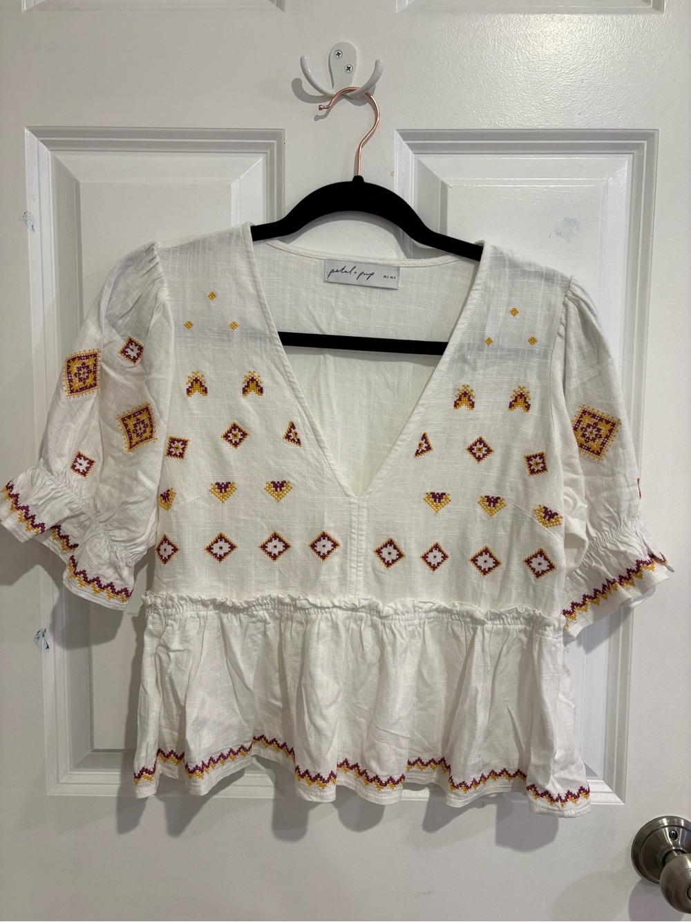 Petal & Pup White Embroidered Peplum Blouse with Red and Yellow Accents